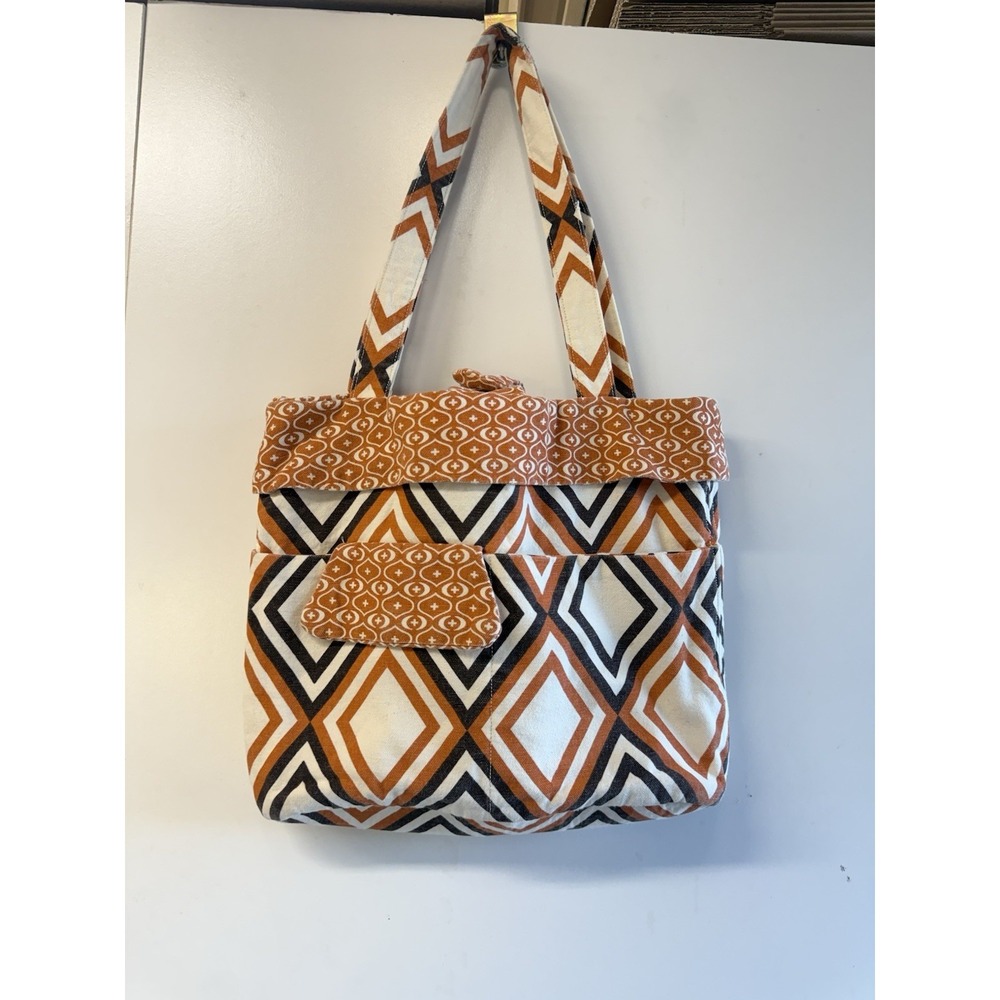 Handmade Geometric Tote Bag - Brown & Rust Color Canvas Hand Bag Purse
